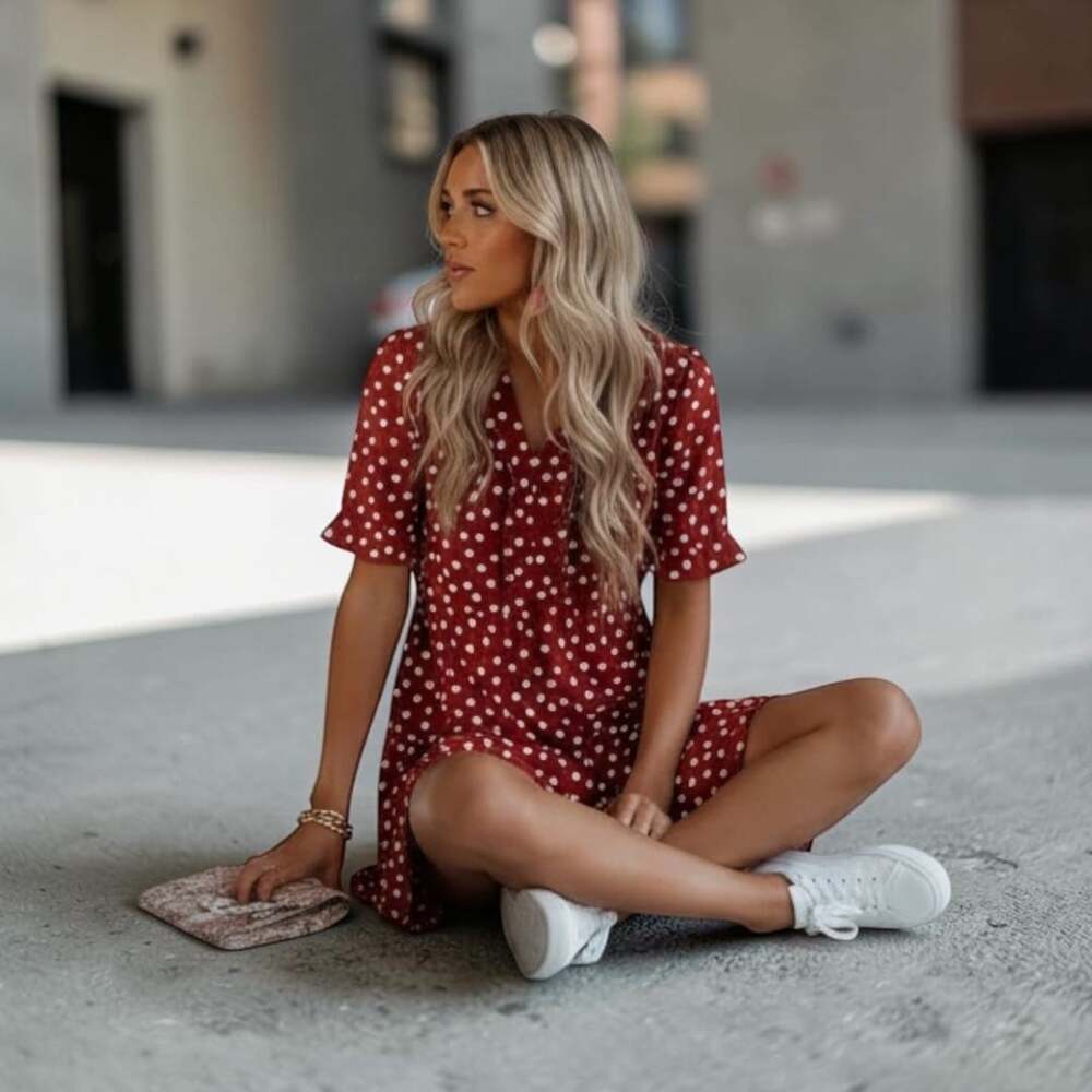 Dokotoo Polka Dot V-Neck Ruffle Dress Red